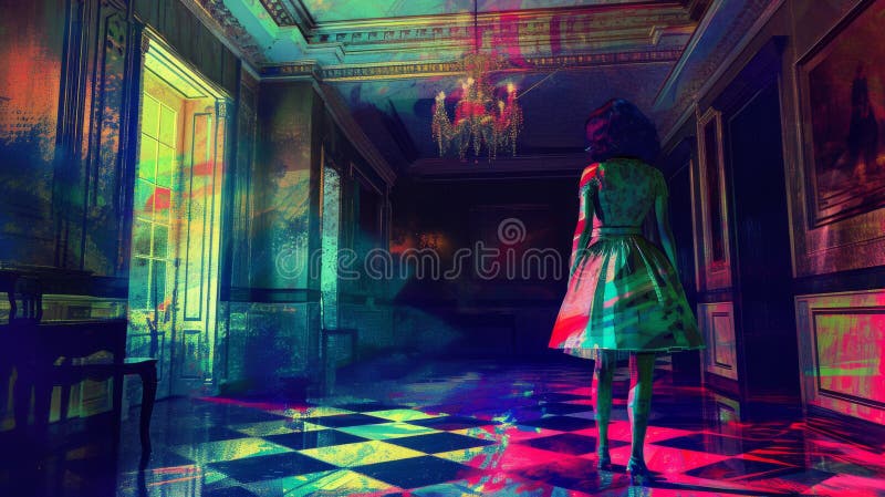 Surreal Scene of Woman in Haunted Mansion royalty free stock images