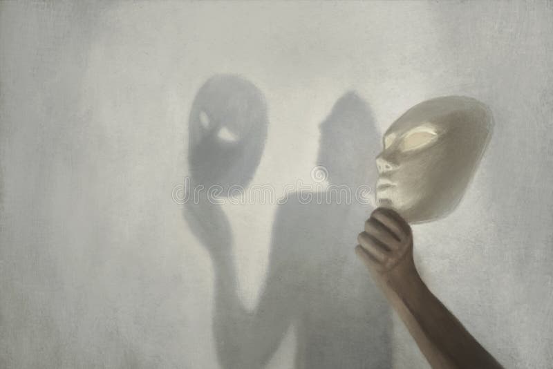 Surreal shadow on the wall of a person who takes off the mask from his face, concept of truth and fiction