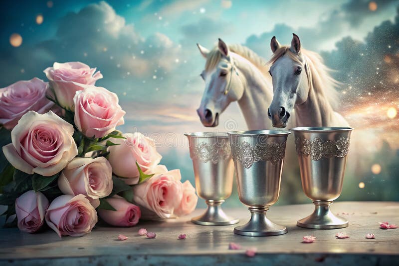 Surreal Silver Mint Julep Cups Roses och Horse A Dreamlike Hello Life in Exquisite Detail vektor illustrationer