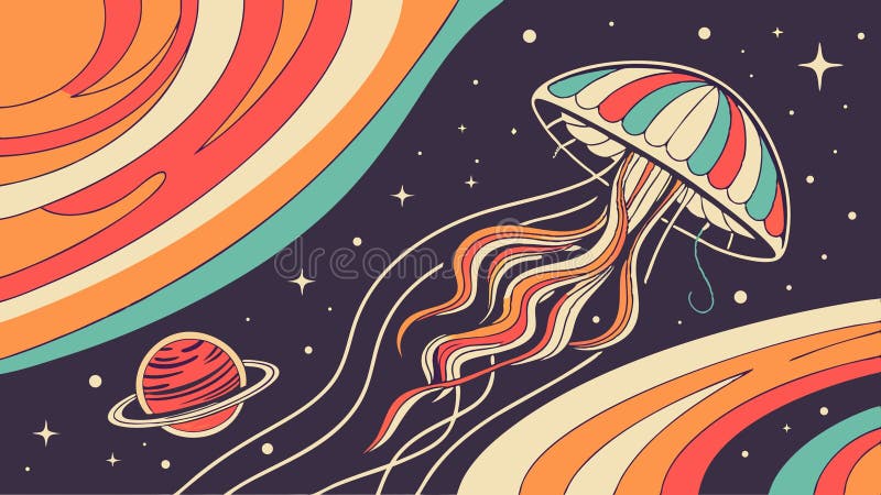 Surreal space scene with a vibrant jellyfish floating among planets vector design Generative AI stock illustration