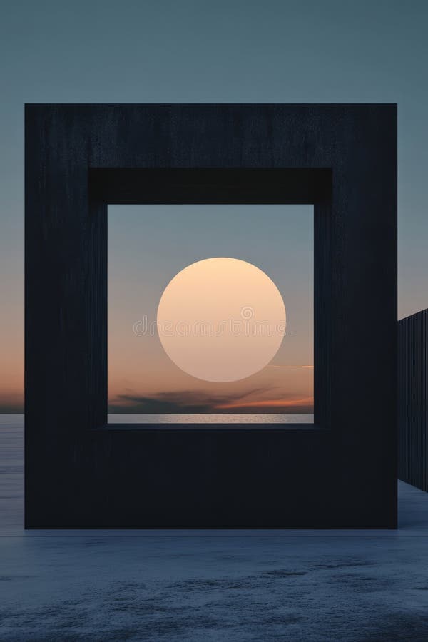 Surreal Sunset Framed by Modern Geometric Structure Over Calm Waters stock illustration
