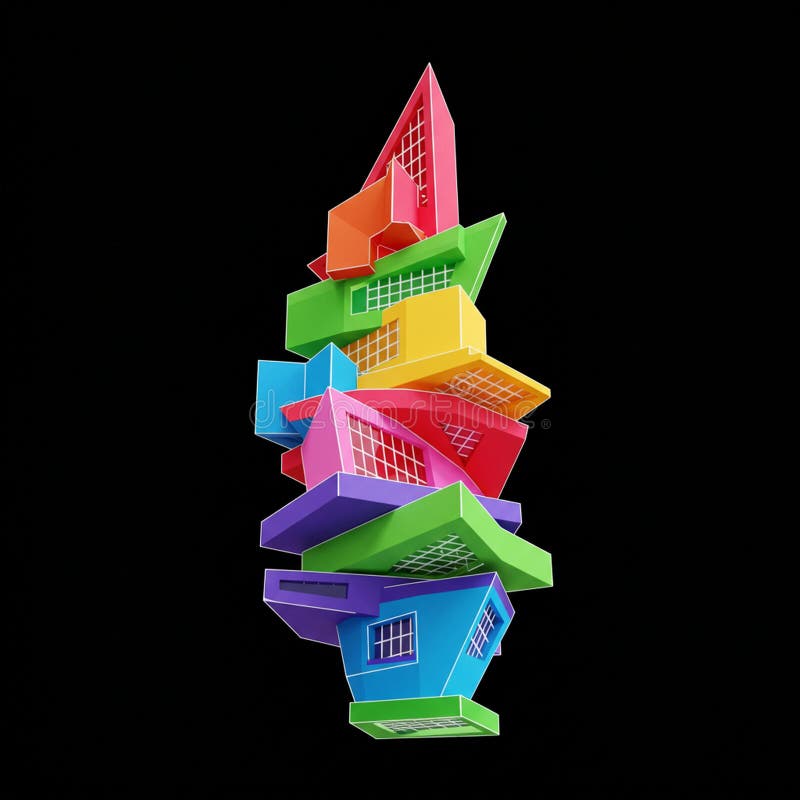 A surreal tower of colorful, geometric blocks stacked vertically against a black stock illustration