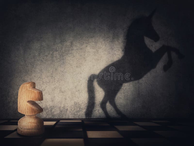 Surreal transformation of the knight chess piece into a wild and powerful unicorn. Motivation and self confidence metaphor,