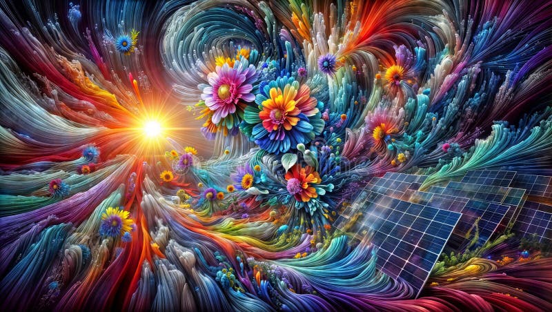 Abstract Solar Symphony: Panels in Colorful Burst, generative ai royalty free illustration