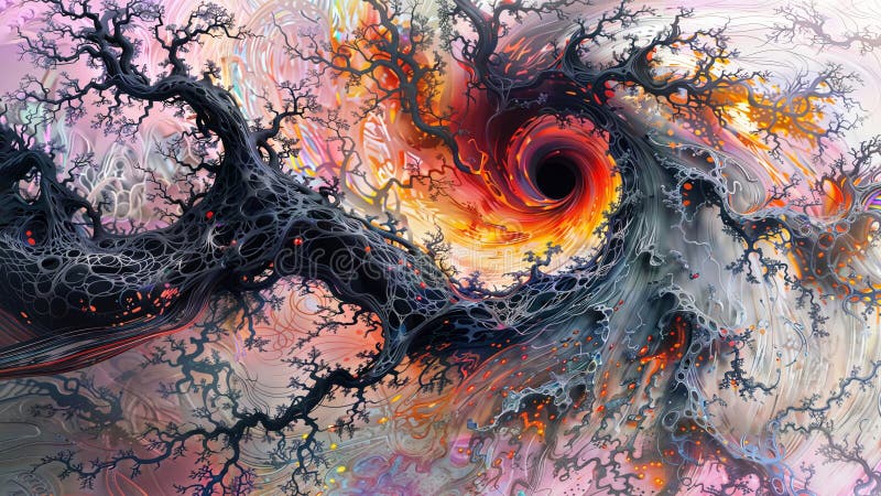 Surreal Tree Forms: Fiery Vortices and Cosmic Patterns, generative ai royalty free illustration