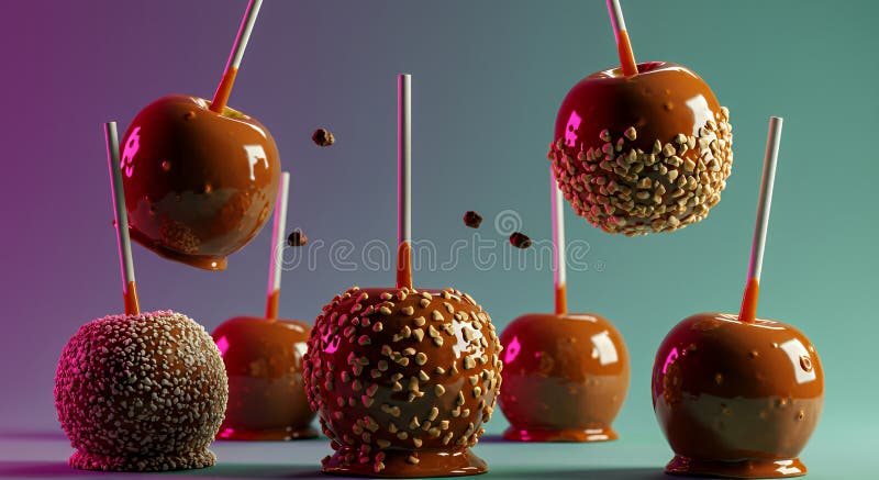 Surreala chokladäpplen flytande på övertoningsbakgrund stock illustrationer