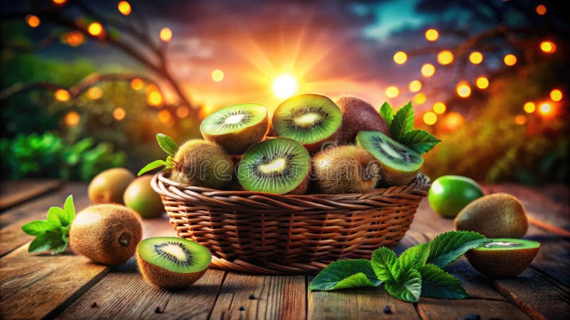 Surreala kiwi-bär ett drömliknande liv i en vävd korg på rustiskt trä vektor illustrationer