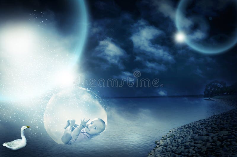 Surreal magical infant baby boy in big glass bowl in river near bank with big earth planets in cloudy dramatic sky. Surreal magical infant baby boy in big glass bowl in river near bank with big earth planets in cloudy dramatic sky