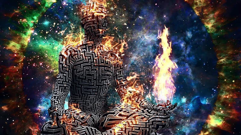 Burning Figure of Man with Maze Pattern in Lotus Pose. Vivid Universe ...