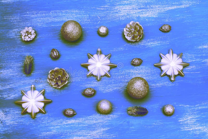 Surrealism Festive composition flat lay Christmas toy balls cones snowflakes silver box wooden vintage background. stock photography Surrealism Festive composition flat lay Christmas toy balls cones snowflakes silver box wooden vintage background. stock photography