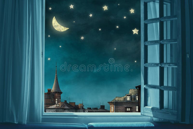 Surrealistische sprookjeskunstachtergrondweergave vanuit ruimte met open raam nachtelijke hemel met maan en sterren