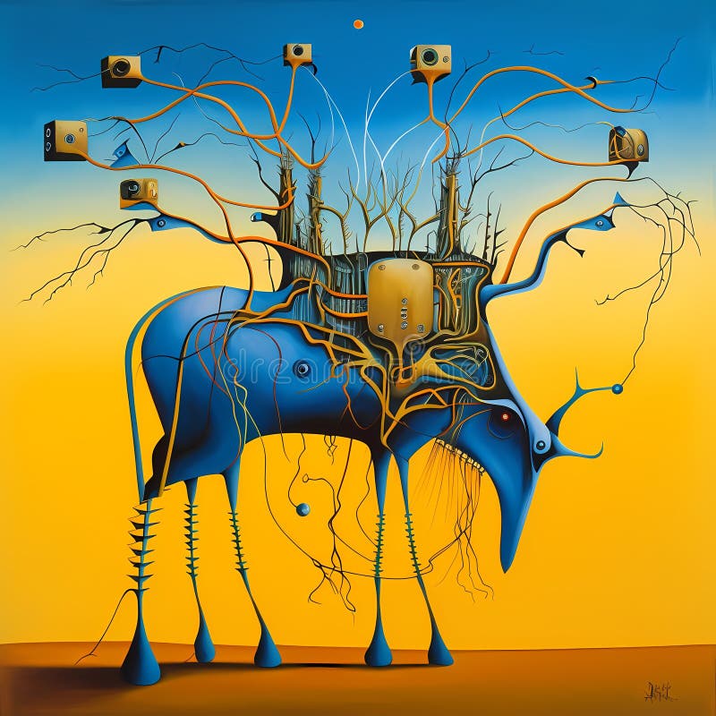 Surrealistisches Bild mit abstraktem blauen Hirsch im salvador dali Stil. ai-generierte Abbildung stock abbildung