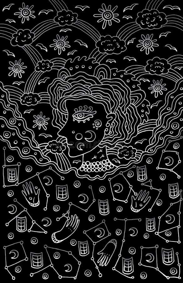 Surrealistyczna dziewczyny bogini nocy i dnia niebo Plemienny bajki wom ilustracji Surrealistyczna dziewczyny bogini nocy i dnia niebo Plemienny bajki wom ilustracji
