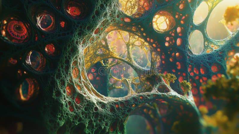 Surrealistyczna wizualizacja połączonych węzłów w rosnącej strukturze organicznej w środowisku przypominającym marzenie ilustracja wektor