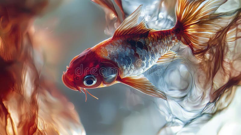 Surrealistyczne zamknięcie pływactwa złotą rybą w kolorowej wodzie podwodnej makro fotografia erealna środowisko artystyczny punkt royalty ilustracja