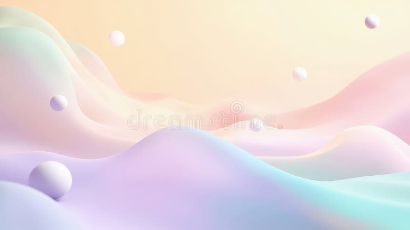 Surrealistyczny abstrakcyjny krajobraz z łagodnymi wałkami wzgórz w pastelowych chatach i pływającymi przezroczystymi bąbelkami ilustracji