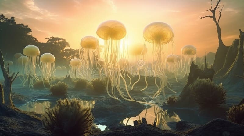 Surrealistyczny krajobraz obcy z latającą meduzą. ai generatywne ilustracji