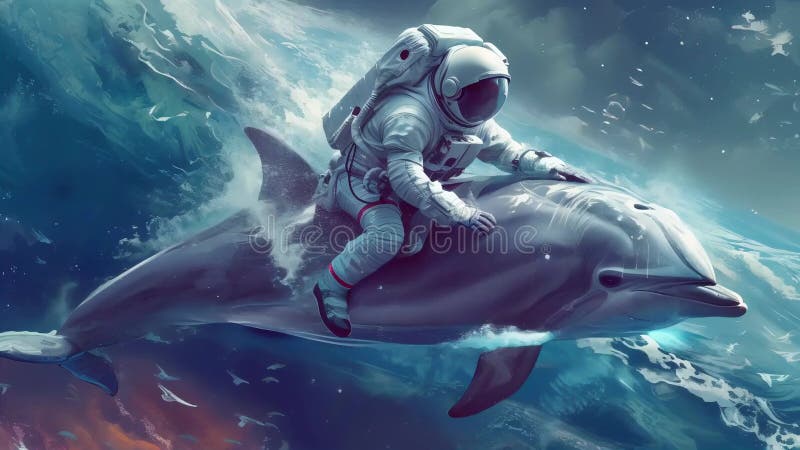 Surrealizm. astronauta jeździ delfinem w kosmosie