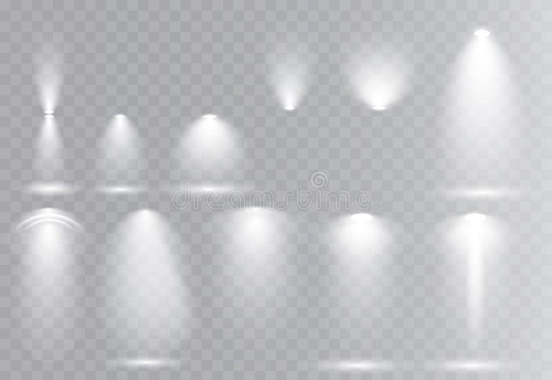 Surse de lumină vectoriale și proiectoarele fazelor de iluminare de fază setează efectul de fulger al lentilei. stock illustration