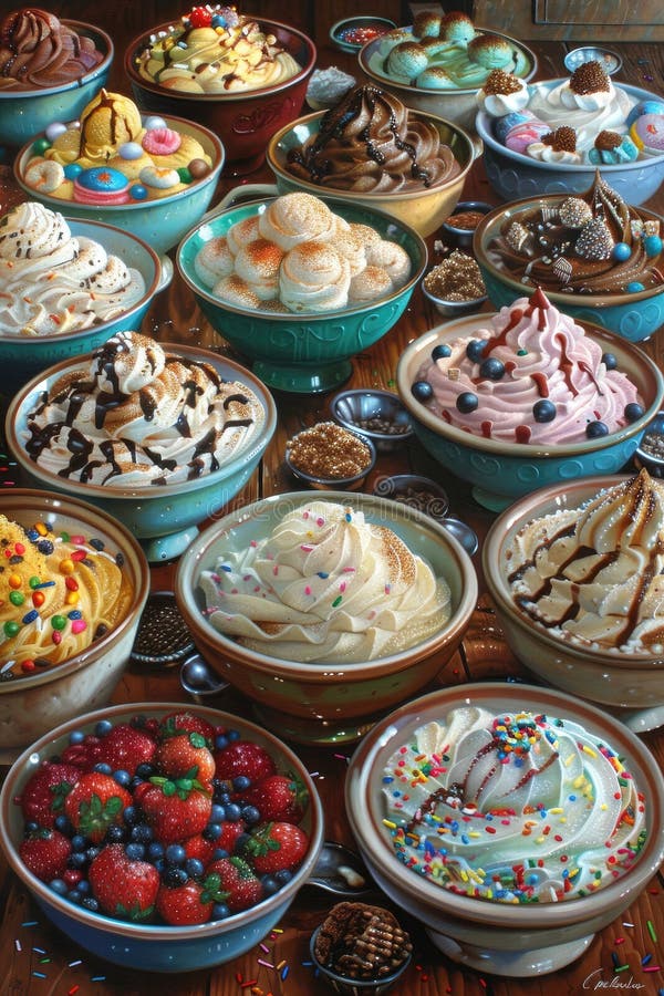 Surtido de varios sabores de helados en cuencos coloridos. imagenes de archivo