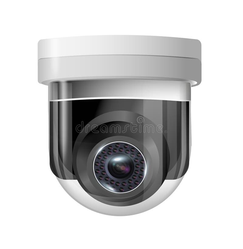 Surveillance camera round white circular view of the hanging fixture. Security camera. Vector vector illustration