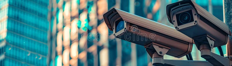 Surveillance cameras, privacy theme, eyelevel, urban setting , clean sharp focus vector illustration
