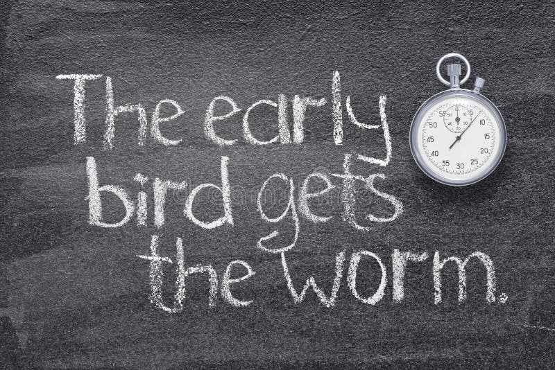 The early bird gets the worm English proverb  written on chalkboard with vintage precise stopwatch. The early bird gets the worm English proverb  written on chalkboard with vintage precise stopwatch