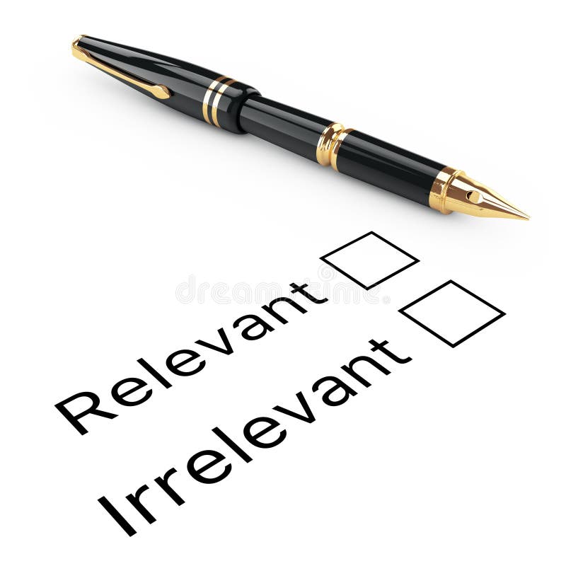 Survey Concept. Relevant or Irrelevant Checklist with Golden Fountain Writing Pen. 3d Rendering