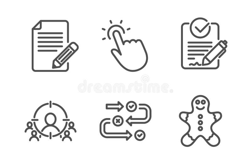 Survey progress, Touchpoint and Article icons set. Business targeting, Rfp and Gingerbread man signs. Vector royalty free illustration