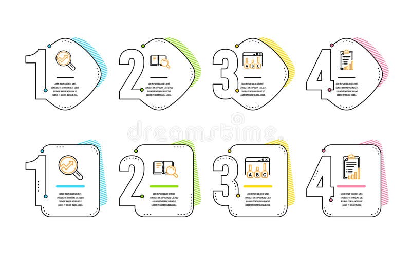 Survey results, Analytics and Search book icons set. Checklist sign. Vector royalty free illustration