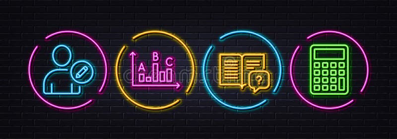 Survey results, Edit user and Instruction manual minimal line icons. For web application, printing Vector. Neon laser 3d lights. Calculator icons. For web, application, printing. Best answer, Profile data, Questionnaire. Vector.