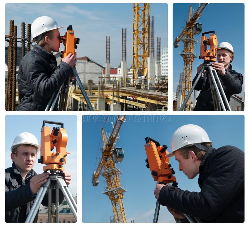 Set of images. worker surveyor measuring distances, elevations and directions on construction site by theodolite level transit equipment. Set of images. worker surveyor measuring distances, elevations and directions on construction site by theodolite level transit equipment