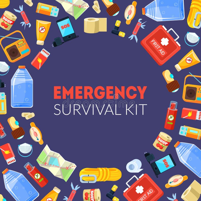 Emergency Survival Kit Banner Template with Travel Necessities Seamless Pattern Vector Illustration, Web Design. Emergency Survival Kit Banner Template with Travel Necessities Seamless Pattern Vector Illustration, Web Design.