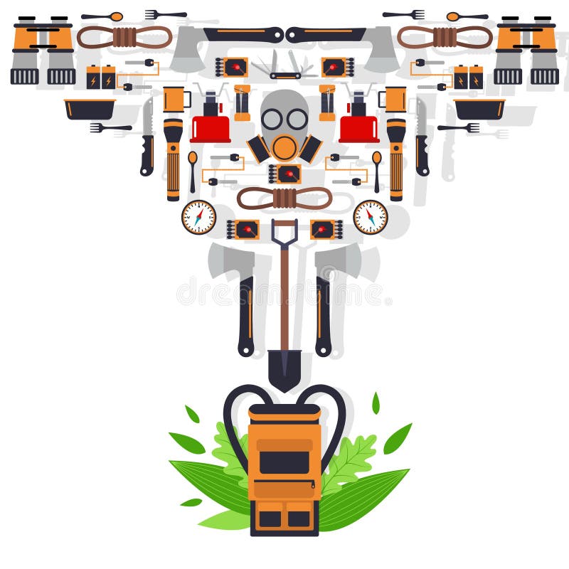 Survival kit isolated icons, vector illustration. Basic equipment for emergency evacuation, flat style emblem. Backpack stock illustration