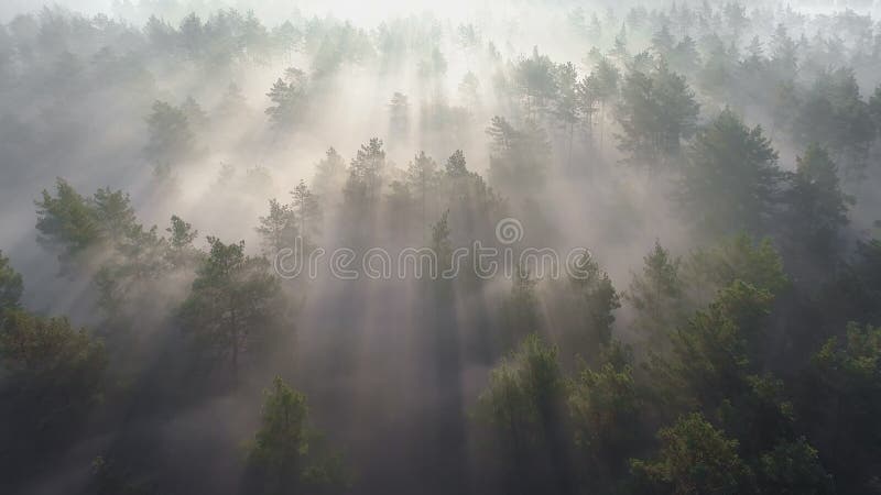 Survol de la forêt de pins brumeux au lever du soleil. soleil