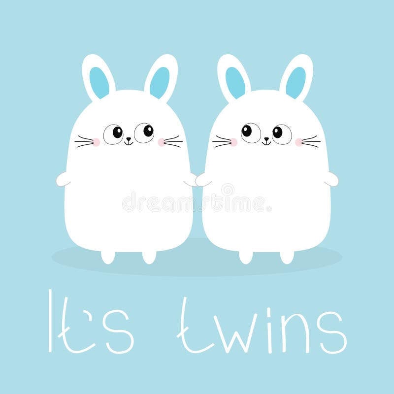 Its twins. Two boys. Cute twin bunny rabbit set holding hands. Hare head couple family icon. Cute cartoon funny smiling character set. Blue background. Isolated. Flat design. Vector illustration. Its twins. Two boys. Cute twin bunny rabbit set holding hands. Hare head couple family icon. Cute cartoon funny smiling character set. Blue background. Isolated. Flat design. Vector illustration