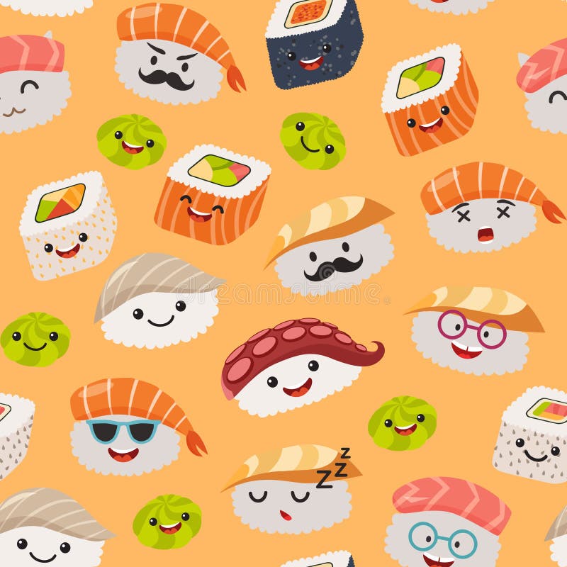  Sushi  Emoji Seamless Pattern Cartoon  Style Stock Vector 