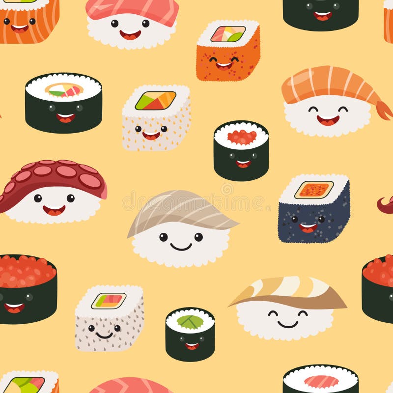  Sushi  Emoji Seamless Pattern Cartoon  Style Stock Vector 