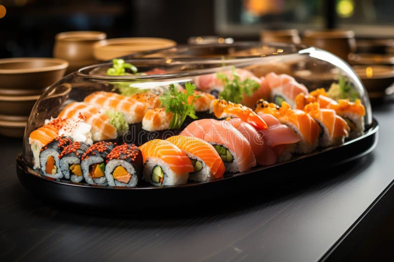 Sushi fresco smaltito in un elegante piatto di porcellana in un ristorante giapponese moderno 'generative ia' illustrazione vettoriale