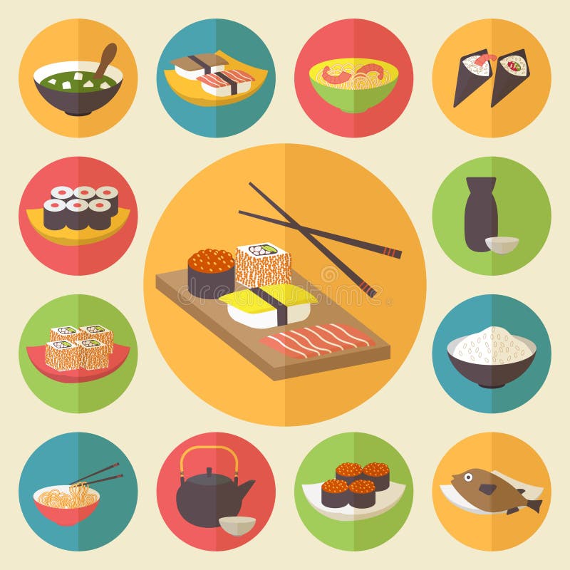 Sushi, Japanese cuisine, food icons set, flat