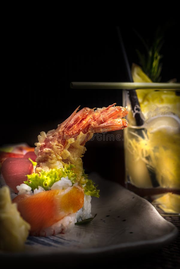 Sushi Plate and a Cocktail in a Japanese Restaurant Stock Image Image