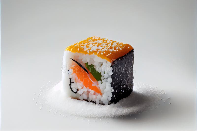 A sushi with a rainbow on top of it on a white surface with white powder on the bottom royalty free illustration