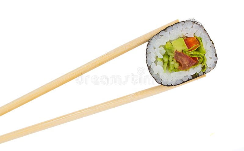 Sushi roll with chopsticks isolated