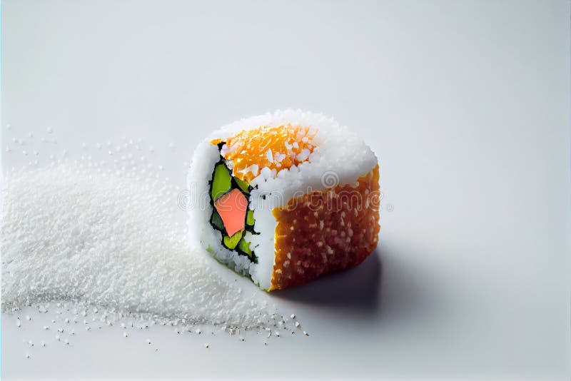A sushi roll with a colorful sushi design on it\'s side and a pile of white rice on the side stock illustration