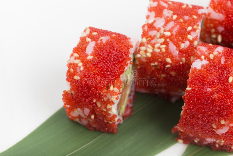 Sushi Roll with Red Flying Fish Roe Stock Photo Image of broccoli