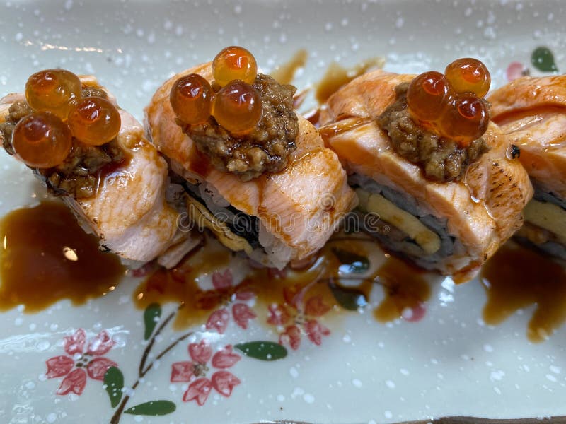 Sushi Roll with Salmon and Salmon Roe on Top Stock Photo Image of eating, buffet 222968750