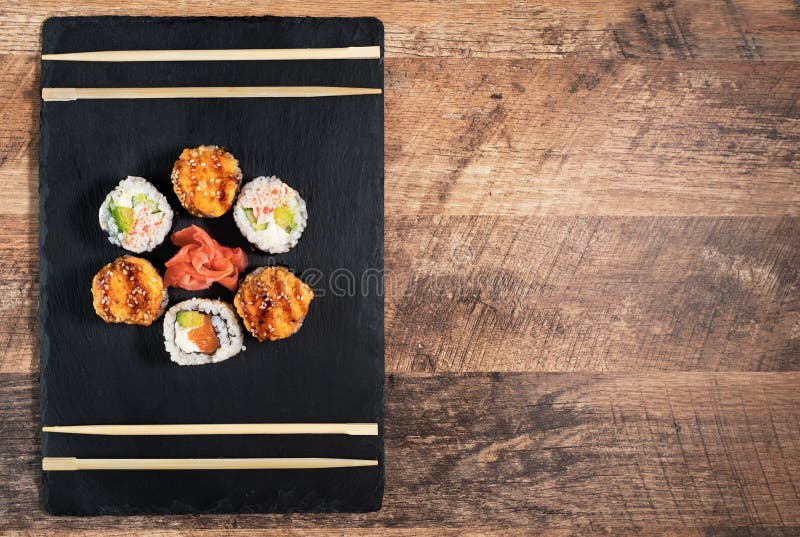 Sushi Roll Set on the Black Plate. Stock Image Image of prepared