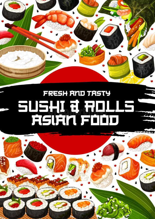 Japanese restaurant poster with sushi and rolls