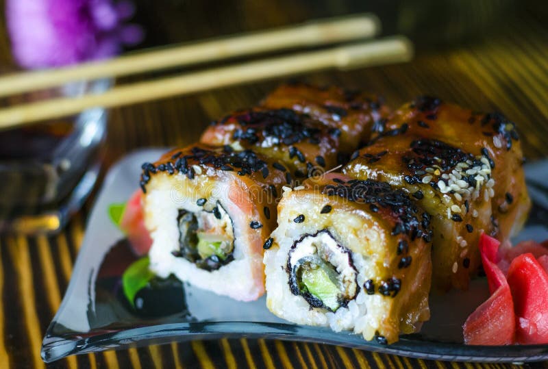 Sushi rolls with red fish stock photo. Image of fresh 152032432