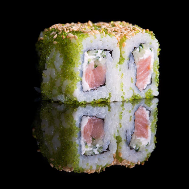 Sushi Rolls with Salmon, Cucumber and Flying Fish Roe Stock Image